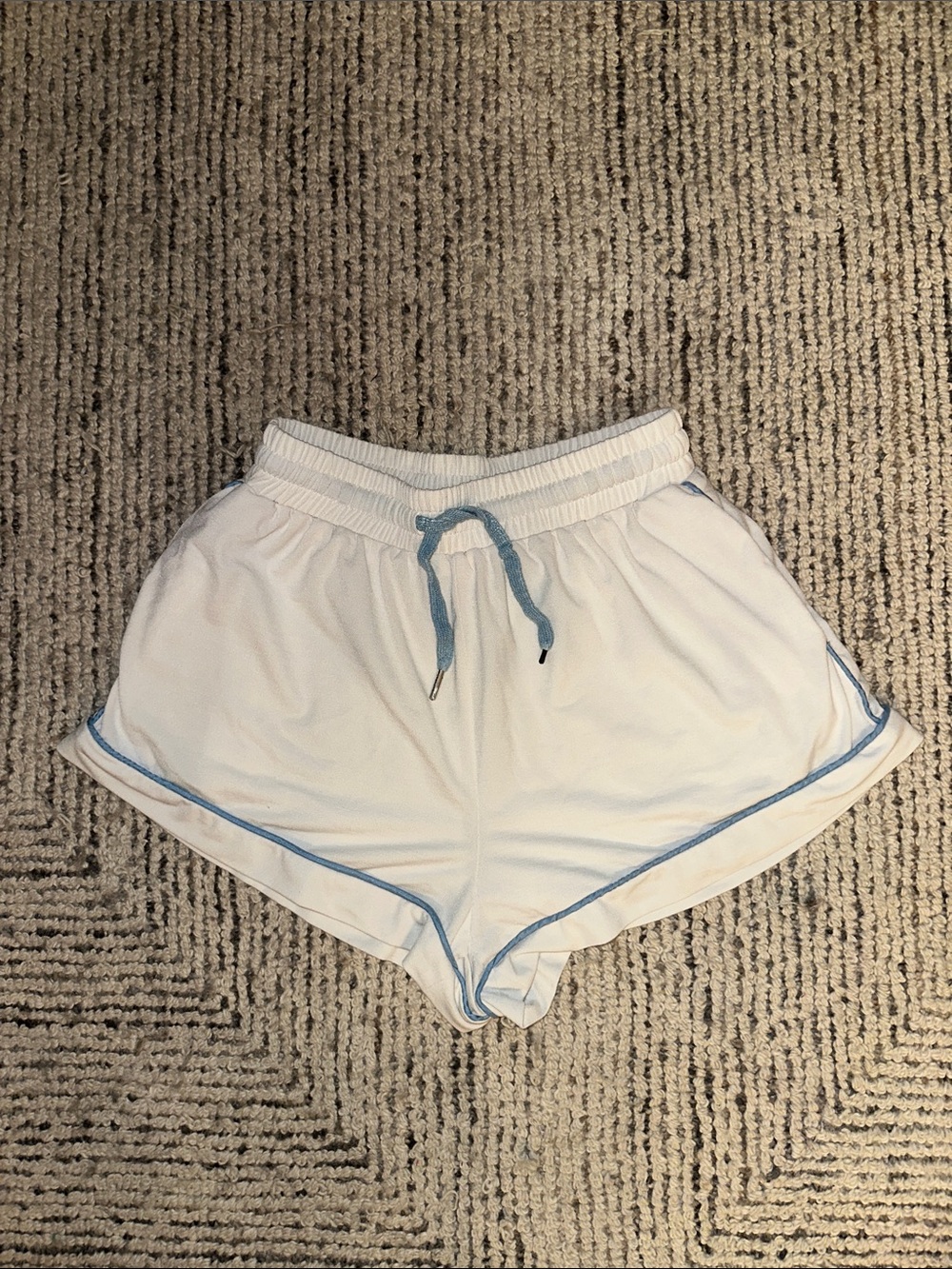 Princess Polly White Athletic Shorts with Light Blue Trim